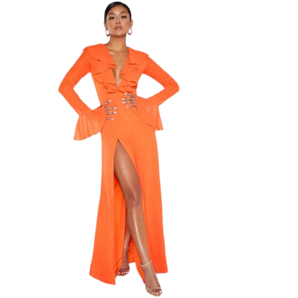Nwt Pretty Little Thing Bright Orange Longsleeve Plunge Frill Slit Maxid…